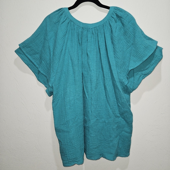 NWT Joie Blouse Teal Women Plus Size 1X Cotton Crinkle Flowy Flutter Sleeve NEW - Picture 11 of 16